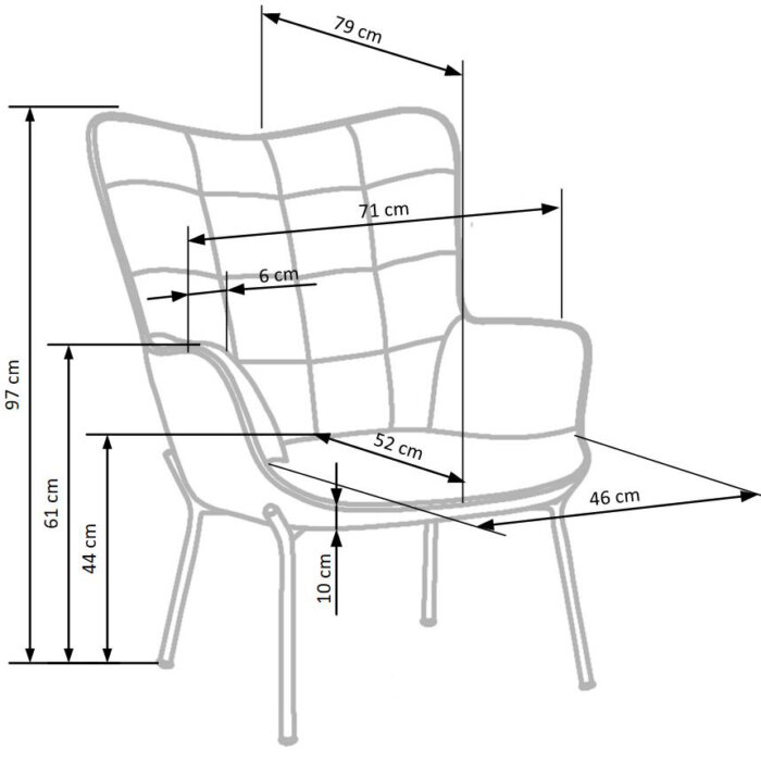Сиво плюшено кресло с висока облегалка и подлакътници - схема на продукта