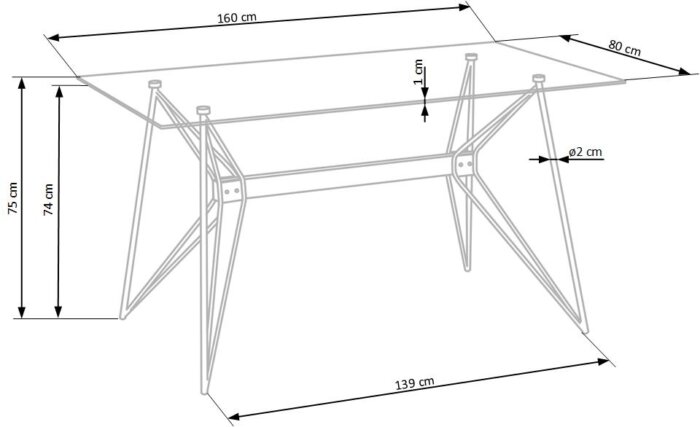 Трапезна маса със стъклен плот и основа от метал и дърво - схемата